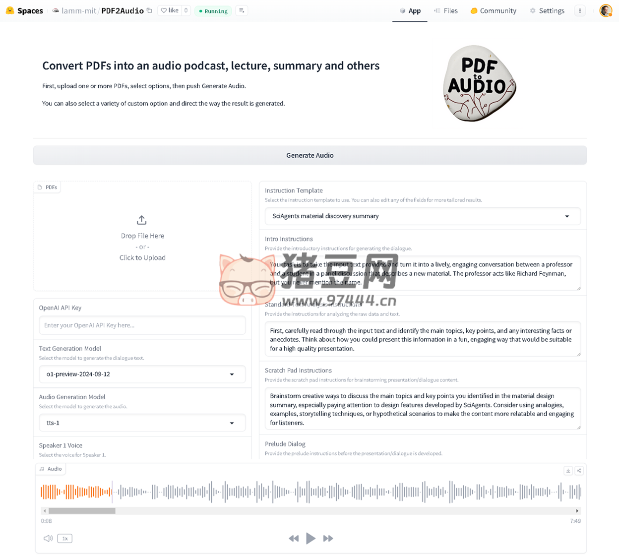 PDF to Audio Converter：AI 將 PDF 轉(zhuǎn)換為音頻播客、講座、摘要等開源項(xiàng)目